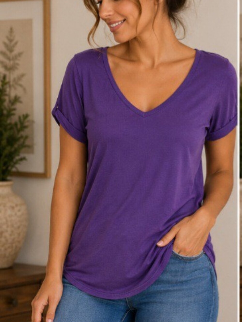 Purple V-Neck Roll Sleeve Tee